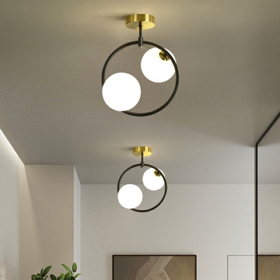 White Glass Orbs Semi Flush Light Nordic Black and Brass Ceiling Lighting for Corridor