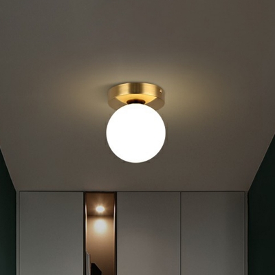 White Glass Sphere Ceiling Mount Light Simple Style 1 Bulb Gold Flushmount Light for Corridor