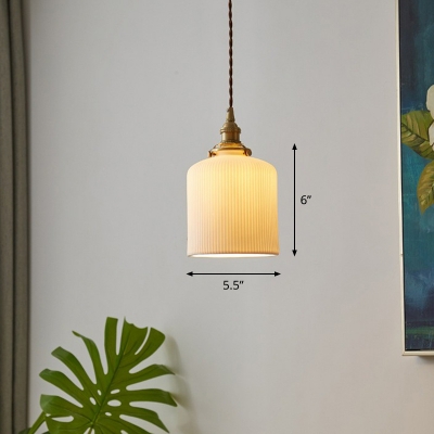 1 Bulb Hanging Lighting Simplicity Lantern Drum Ceramic Pendant Light Fixture in Brass