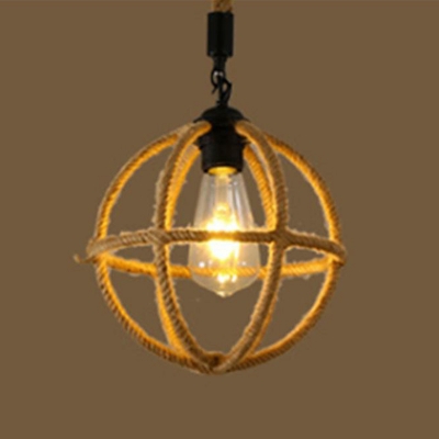 1-Light Hollowed-out Pendant Light Country Brown Natural Hemp Rope Hanging Light over Table