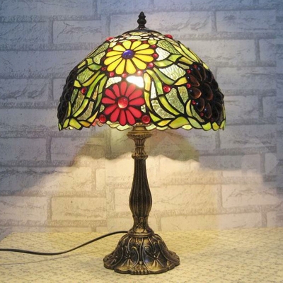 Antiqued Brass Shaded Table Lamp Tiffany 1-Bulb Handcrafted Stained Glass Night Light