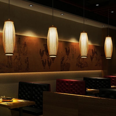 Asian 1-Light Hanging Light Wood Barrel Pendant Lighting Fixture with Bamboo Cage Shade