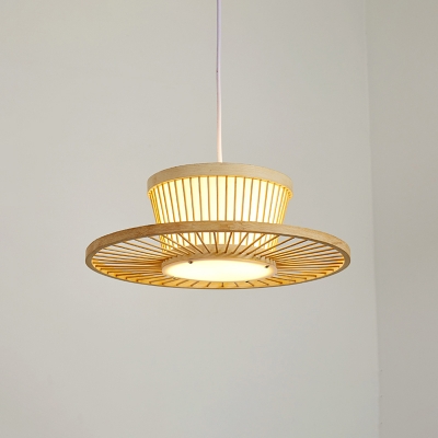 Bamboo Circular Ceiling Light Modern Single Wood Hanging Pendant Light for Tea Room