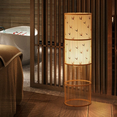 Bamboo Cylindrical Floor Light Asian Style Single Wood Standing Lamp for Sitting Room