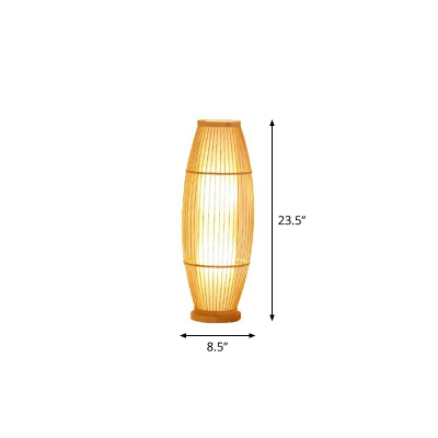 Barrel Shaped Cage Floor Lamp Asian Bamboo 1 Bulb Living Room Standing Light with Inner Fabric Shade
