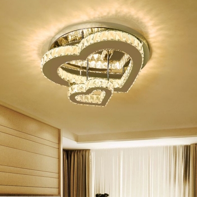 Beveled Crystal Loving Heart Flush Mount Simplicity LED Close to Ceiling Lamp in Chrome, Warm/White Light