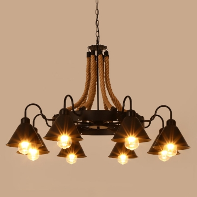 Black Wheel Style Ceiling Hang Lamp Rustic Wrought Iron Restaurant Chandelier with Decorative Rope