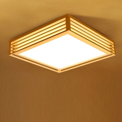 Box Wooden LED Ceiling Lamp Japanese Style Beige Flush Mount Light Fixture for Bedroom