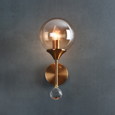 Brass Finish Ball Wall Lamp Minimalist Glass Wall Mount Lighting with Crystal Ball Deco for Bedroom
