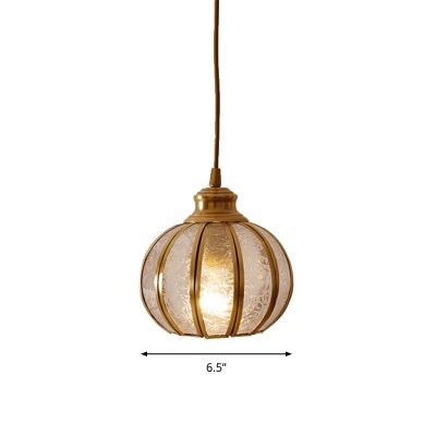 Brass Spherical Pendant Lighting Simplicity Carved Glass 1 Bulb Living Room Suspension Light