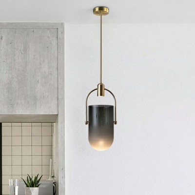 Bucket Shaped Pendulum Light Designer Black Glass 1-Light Bedside Pendant with Gold Arched Handle