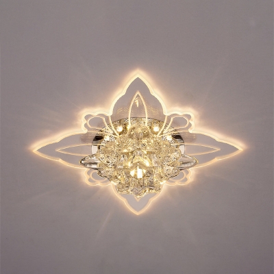 Carved Crystal Flower Flush Lamp Modern Clear LED Ceiling Mount Light for Corridor, Warm Light