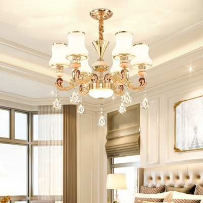 Ceiling Hanging Light Traditional Flared White Glass Chandelier in Gold for Living Room