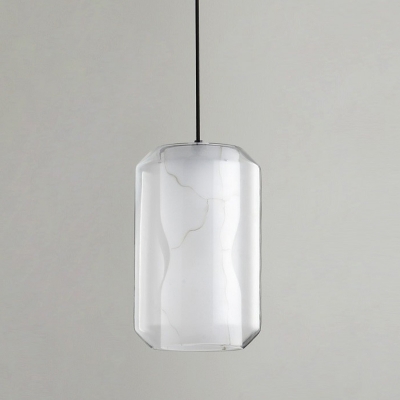 Clear Glass Cylindrical Pendant Lamp Modern 1 Bulb White Hanging Light with Marble Interior Shade