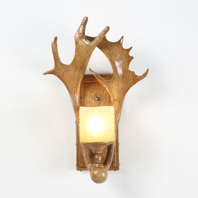 Cylindrical Opal Frosted Glass Wall Lamp Country 1-Light Study Room Sconce Light with Antler Deco