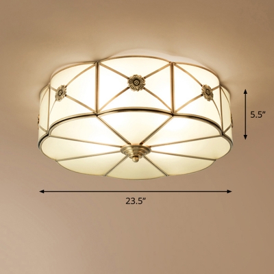 Drum Cream Glass Flush Light Simplicity Corridor Flush Ceiling Light Fixture in Brass