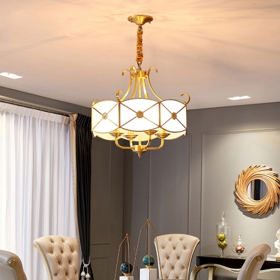 Drum Frosted Glass Panes Chandelier Lighting Antique 4 Heads Dining Room Pendant Light in Gold