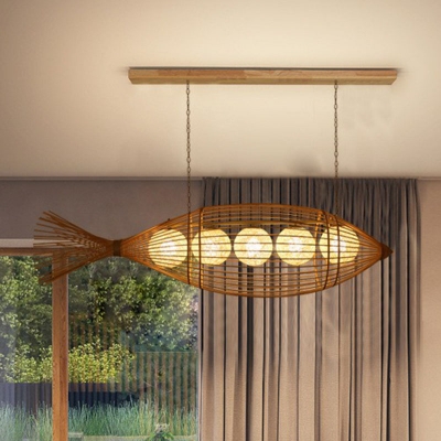 Fish-Shaped Woven Ceiling Lamp Asia Bamboo Wood Chandelier Lighting for Dining Room