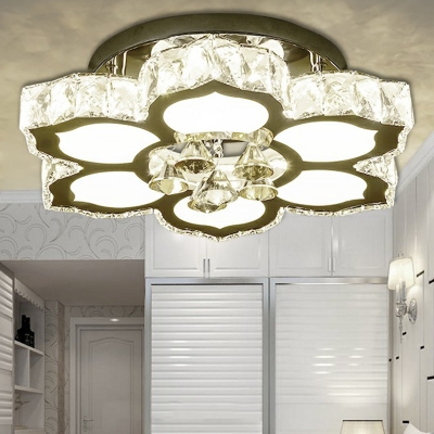 Flower LED Semi Flush Mount Lighting Minimalist Beveled-Cut Crystal Bedroom Ceiling Fixture