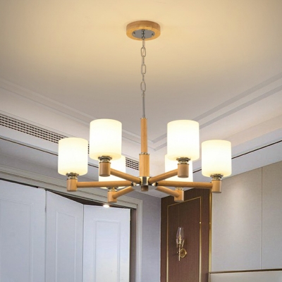 Frosted White Glass Cylindrical Suspension Light Nordic Wood Up Chandelier for Living Room