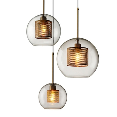Global Pendant Light Fixture Modern Clear Glass 1 Head Brass Finish Ceiling Light with Mesh Cage Inside