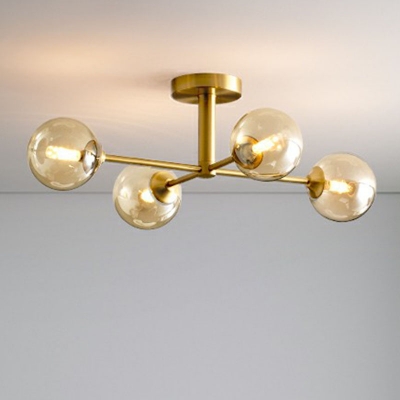 Globe Amber Glass LED Semi Flush Minimalistic Gold Ceiling Mount Chandelier for Dining Room