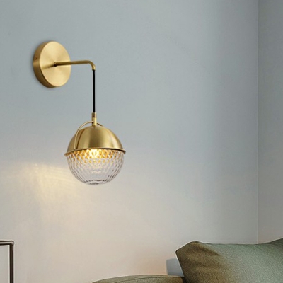 Gold Finish Ball Wall Lamp Post-Modern 1 Head Rippled Glass Sconce Light with Arched Handle