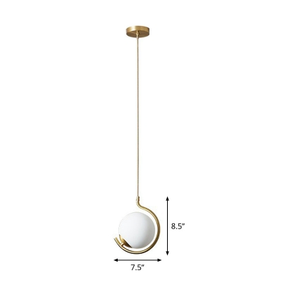 Gold Finish C-Arm Ceiling Pendant Simplicity 1-Light Metal Pendulum Light with Ball White Glass Shade