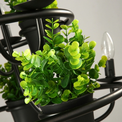 Green 4 Heads Chandelier Industrial Metal Circular Hanging Light Fixture with Decorative Plant