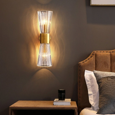Hourglass Shaped Wall Lamp Postmodern Ribbed Crystal 2 Heads Bedside Sconce Light in Gold