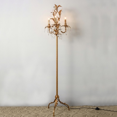 Iron Candlestick Stand Up Lamp Classic 3 Heads Living Room Floor Lighting with Crystal Draping in Gold