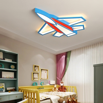 Jet Plane LED Flush Mount Ceiling Fixture Kids Metal Red and Blue Flushmount Lighting