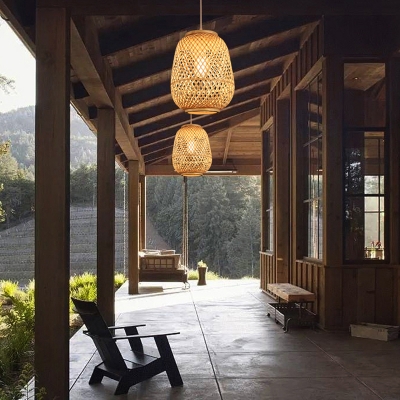 Lantern Ceiling Light Modern Bamboo Single Wood Hanging Pendant Light for Tea Room