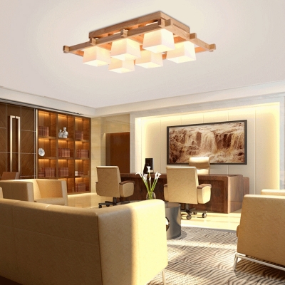 Living Room Flush Ceiling Light Modern Wood Flush Mount with Trapezoid Cream Glass Shade