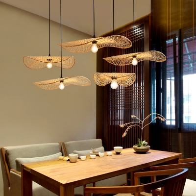 Lotus Leaf Suspension Light Japanese Bamboo 1-Light Wood Pendant Lighting Fixture for Restaurant