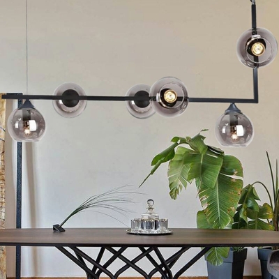 Metallic L Shaped Island Light Fixture Postmodern 6 Bulbs Hanging Pendant with Dome Glass Shade