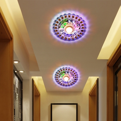 Modern Flower Flush Mount Light Clear Crystal Corridor Ceiling Fixture with Peacock Tail Feather Pattern