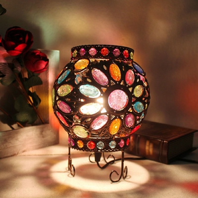Multicolored Globe Table Lantern Lamp Bohemian Metal Single Bedside Night Light with Scroll Stand