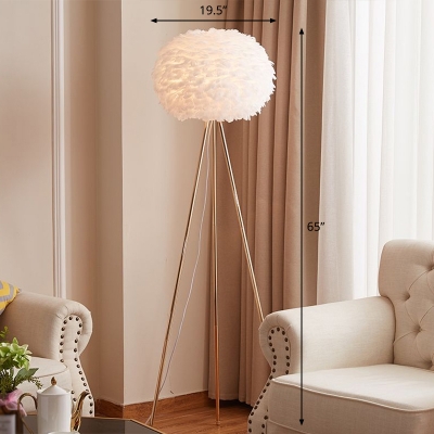 Nordic Spherical Floor Light Feather 1 Bulb Living Room Stand Up Lamp with Three-Legged Stand