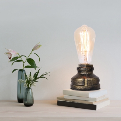 Pipe Cast Iron Mini Nightstand Light Industrial 1-Head Bedroom Table Lamp with Bare Bulb Design