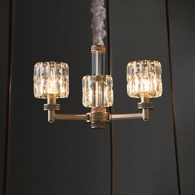 Postmodern Cylindrical Suspension Light Fixture Cut-Crystal Restaurant Chandelier in Gold