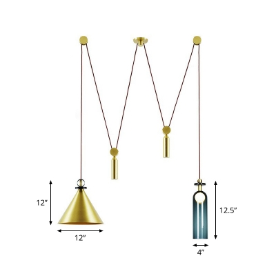 Postmodern Pulley Pendant Light Kit Metallic 2-Light Living Room Suspension Lamp with Cone Shade