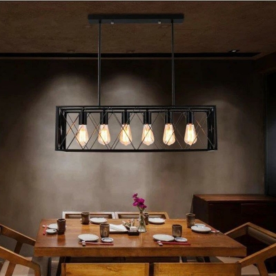 Rectangular Dining Room Island Light Industrial Iron Black Suspended Lighting Fixture