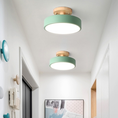 Round Aisle LED Ceiling Flush Light Acrylic Macaron Semi Mount Lighting with Wooden Canopy