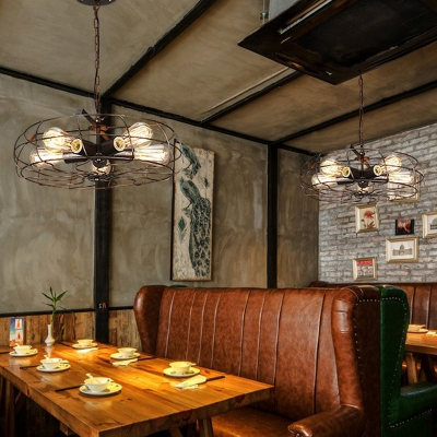 Round Cage Restaurant Pendant Light Fixture Industrial Iron 5-Bulb Ceiling Chandelier