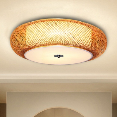 Round Flush Ceiling Light Minimalist Bamboo 1-Light Living Room Flush Mount Lamp in Wood