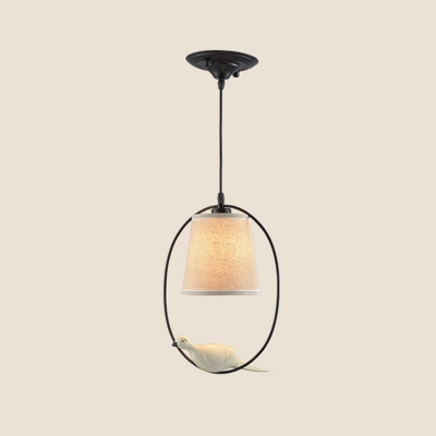 Rustic Tapered Pendant Light Kit Single-Bulb Fabric Hanging Lamp with Decorative Bird and Ring