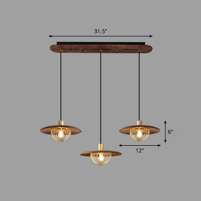 Saucer Dining Room Hanging Lighting Wooden Modern Pendant Light with Gold Bowl Cage