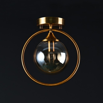 Single-Bulb Foyer Ceiling Light Postmodern Brass Semi Flush Light with Ball Glass Shade