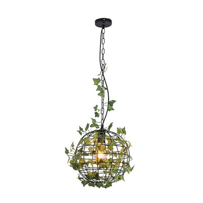 Spherical Cage Style Iron Hanging Light Industrial 1 Head Dining Room Pendant with Ivy Deco in Black